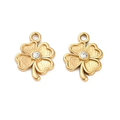 Настоящее золото 18K 304 кулон из нержавеющей стали со стразами., ионное покрытие (ip), клевер амулеты, реальный 18 k позолоченный, 18x13.5x2.5 мм, отверстие : 1.8 мм