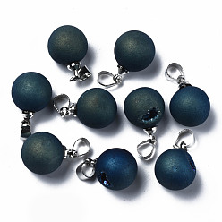 Marine Blue Natural Agate Charms, with Platinum Brass Findings, Rack Plating, Round, Marine Blue, 15x11x10.5mm, Hole: 4x5mm