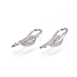 Platinum Brass Micro Pave Cubic Zirconia Earring Hooks, with Horizontal Loop, Platinum, 17x5mm, Hole: 1.4mm, 18 Gauge, Pin: 1mm