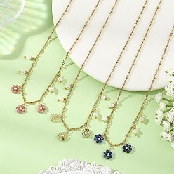 Golden Natural Mixed Stone Faceted Round Beaded Flower Pendant 304 Stainless Steel Satellite Chain Necklaces, Golden, 15.87 inch(40.3cm)