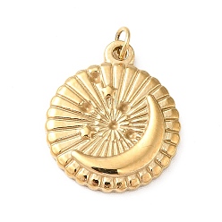 Real 14K Gold Plated Ion Plating(IP) 304 Stainless Steel Pendants, with Jump Ring, Flat Round with Moon & Star Pattern, Real 14K Gold Plated, 18.5x16x2mm, Hole: 2.8mm