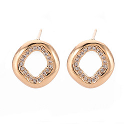 Real 18K Gold Plated Brass Micro Pave Clear Cubic Zirconia Stud Earrings Findings, with Loop, Nickel Free, Oval, Real 18K Gold Plated, 12.5x12mm, Hole: 1.2mm, Pin: 0.8mm