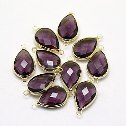 Фиолетовый Золотистые латунные стеклянные каплевидные соединители, фиолетовые, 21x11x5 мм, отверстие : 2 мм