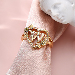 Letter W Сердце с цветком полые латунные перстни, золотые, Буква W, внутренний диаметр: 17 мм