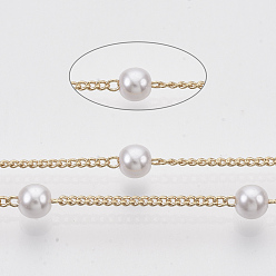 Light Gold Латунные цепочки ручной работы, с круглыми абс-пластиками из искусственного жемчуга, пайки, с катушкой, кремово-белые, золотой свет, 2x1.2x0.4 мм, около 39.37 футов (12 м) / рулон
