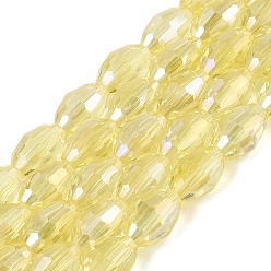 Light Goldenrod Yellow Electroplate Transparent Glass Beads Strands, Rice, AB Color Plated, Faceted, Light Goldenrod Yellow, 8~8.5x5.5~6mm, Hole: 1~1.2mm, about 67~68pcs/strand, 21.46~22.24 inch(54.5~56.5cm)