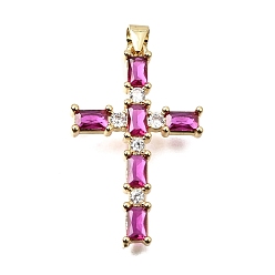 Deep Pink Brass Pave Cubic Zirconia Pendants, Cross with Rectangle Charms, Long-Lasting Plated, Cadmium Free & Lead Free, Real 18K Gold Plated, Deep Pink, 32.5x20.5x3.5mm, Hole: 4x3.5mm
