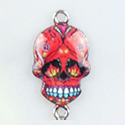 Crimson Cinco de Mayo Alloy Enamel Connector Charms, Sugar Skull Links, Platinum, Crimson, 26x14mm