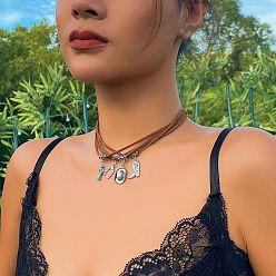 Кактус Женские многорядные ожерелья из сплава и синтетической бирюзы в стиле вестерн-ковбой в виде подковообразной шляпы с искусственным замшевым шнуром, античное серебро, кактус, 13.78 дюйм (35 см)