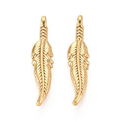 Настоящее золото 18K 304 подвески из нержавеющей стали, перо, ионное покрытие (ip), реальный 18 k позолоченный, 23x5x4 мм, отверстие : 1.4~1.5 мм