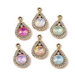 Golden UV Plating Alloy Glass Pendants, Teardrop Charm, with Rhinestone, Faceted, Mixed Color, Golden, 22.5x14x5.3mm, Hole: 2mm