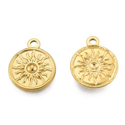 Настоящее золото 18K Ионное покрытие (ip) 201 подвески из нержавеющей стали, плоские круглые с солнцем, реальный 18 k позолоченный, 19x15.5x2 мм, отверстие : 3 мм
