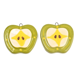 Темно-Зеленый Фарфора ручной работы подвески, яблочные прелести, с железом найти, темно-зеленый, 39x42x8 мм, отверстие : 2.5x3 мм