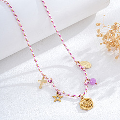 Фиолетовый Летние пляжные плетеные веревочные ожерелья-нагрудники, Кулон-подвеска в виде морской звезды и цветка из нержавеющей стали., золотые, фиолетовые, 29.92 дюйм (76 см)