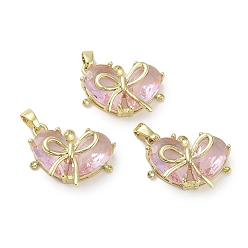 Розовый Настоящие 18 кулоны из латуни, сердце с шармом бантом, без свинца и без кадмия, долговечный, туманная роза, 14x19x6 мм, отверстие : 2.5x4 мм