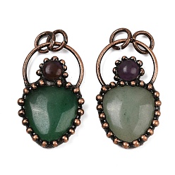 Зеленый Авантюрин Подвески из натурального зеленого авантюрина и натурального аметиста, слезинки, с латунной, Красная медь, 40.5~42x23~23.5x6~6.5 мм, отверстие : 6 мм