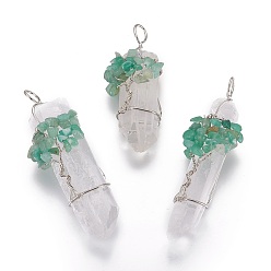 Green Aventurine Natural Quartz Crystal Big Pendants, with Green Aventurine Chips and Brass Findings, Nuggets, Platinum, 58~105x22~35mm, Hole: 5~12mm