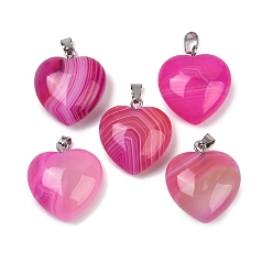 Фуксин Окрашенные натуральные агатовые подвески, подвески в форме сердца с 201 дужками из нержавеющей стали, цвет нержавеющей стали, фуксиново-красные, 22~23x20~21x9~10 мм, отверстие : 6x3 мм