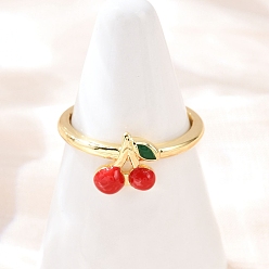 Красный Кольца-манжеты из латуни с эмалью в виде фруктов и вишен, реальный 18 k позолоченный, стойки покрытие, долговечный, без кадмия и без свинца, красные, внутренний диаметр: регулируемый, вишневый: 9x9.5 мм