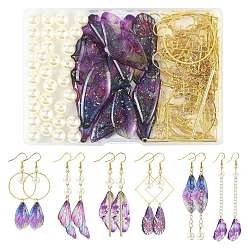 (52) Непрозрачная лаванда Набор для изготовления серег своими руками, включая подвески из смолы, железные крючки для сережек, удлинители цепочек, открытые соединительные кольца и плоские штифты, Латунные соединительные колечки, абс пластиковые жемчужные бисера, разноцветные, 41x16.5x2 мм, отверстие : 1.2 мм