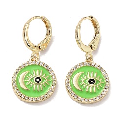 Lawn Green Golden Brass Dangle Leverback Earrings, with Enamel and Cubic Zirconia, Evil Eye & Moon, Lawn Green, 29x14mm