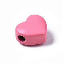 Hot Pink Spray Painted Brass Beads, Heart, Hot Pink, 9x10.5x6mm, Hole: 2mm