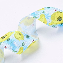 Yellow Polyester Grosgrain Ribbon, Flower Pattern, Yellow, 1 inch(25mm), about 100yards/roll(91.44m/roll)