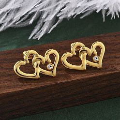 Настоящее золото 18K 304 серьги-гвоздики из нержавеющей стали со стразами для женщин, двойные сердца, ионное покрытие (ip), реальный 18 k позолоченный, 18x24.5 мм