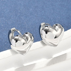 Платинированный Латунные серьги обруча, сердце, Реальная платина, 11.5x14x13 мм