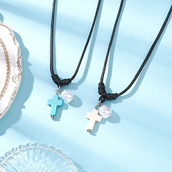 (52) Непрозрачная лаванда 2 шт. 2 Цвета регулируются, синтетическая бирюза с круглым пластиковым искусственным жемчугом, крест-подвеска, черный вощеный полиэстеровый шнур, ожерелья для женщин, разноцветные, 12.60~23.62 дюйм (32~60 см), 1 шт / цвет