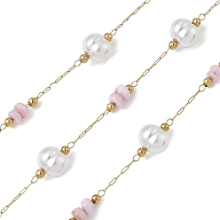 Pink 304 кабельные цепи из нержавеющей стали, с ракушкой deyd и имитацией жемчуга abs, ионное покрытие (ip), реальный 18 k позолоченный, пайки, с катушкой, круглый с чипсами, розовые, 8.5x6x5 мм, около 32.81 футов (10 м) / рулон