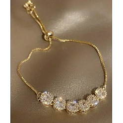 Плоский Круглый Сплав цепочка слайдер браслеты, Браслеты из латуни с микропаве и фианитами для женщин, плоско-круглые, 9-1/8 дюйм (23 см)