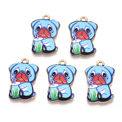 Sky Blue Printed Alloy Pendants, Light Gold, Have Drink, Dog Charms, Sky Blue, 22.5x15x1.5mm, Hole: 1.6mm