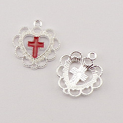 Red Alloy Enamel Pendants, Silver, Heart with Cross, Red, 21x20x2mm