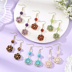 Mixed Color Natural & Synthetic Mixed Stone and Shell Pearl Braided Dangle Earrings, Flower, 304 Stainless Steel Dangle Earrings, Golden, Mixed Color, 58x18mm