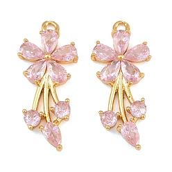 Pink Brass Micro Pave Cubic Zirconia Pendants, Flower Charms, Real 18K Gold Plated, Pink, 25x11x3mm, Hole: 1.4mm