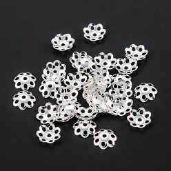 Silver Multi-Petal Brass Bead Caps, Long-Lasting Plated, Rack Plating, Hollow Flower, Silver, 6x1mm, Hole: 1mm