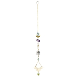 Teardrop Metal Moth Moon Hanging Ornaments, Glass Tassel Suncatchers for Home Garden Outdoor Decoration, Teardrop, 310~340mm