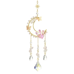 Rose Quartz Brass Cable Chains Pendant Decorations, Natural Gemstones and Glass Charms, for Home Decorations, 296mm