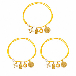 Amarillo Religión 304 Conjuntos de pulseras con dijes de cruz de acero inoxidable, mano de Hamsa y ojo turco, Pulseras de cordón ajustables y apilables con cuentas de jaspe imperial natural teñidas en cubos., dorado, amarillo, 11.02 pulgada (28 cm), 3 PC / sistema