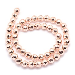 Rose Gold Plated Electroplate Non-magnetic Synthetic Hematite Beads Strands, Grade AAA, Long-Lasting Plated, Faceted, Round, Light Rose Gold Plated, 6mm, Hole: 1mm, about 73pcs/strand, 15.7 inch(40cm)