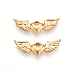 Настоящее золото 18K 304 подвески из нержавеющей стали, ионное покрытие (ip), сердце с крыльями, реальный 18 k позолоченный, 8x20x2.5 мм, отверстие : 0.9 мм