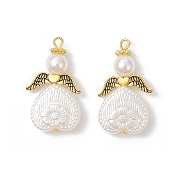 Белый Абс пластмассовые жемчужные подвески, ангел в форме сердца, с крылом из сплава и железной петлей, белые, 35x20x6 мм, отверстие : 4 мм