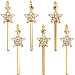 Plaqué 18K Or Véritable 6 pcs rack placage laiton micro pavé clair pendentifs en zircone cubique, sans cadmium et sans nickel et sans plomb, charmes étoiles, réel 18 k plaqué or, 26x8.5x2mm, anneau de saut: 4x0.5 mm, diamètre intérieur: 3 mm