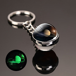 Coconut Brown Luminous Glass Pendant Keychain, with Alloy Key Rings, Glow In The Dark, Round with Galaxy, Coconut Brown, 8cm