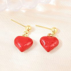 Красный Серьги-гвоздики в форме сердца из латуни с эмалью ко Дню святого Валентина, без свинца и без кадмия, долговечный, стойки покрытие, реальный 18 k позолоченный, красные, 20.5x12 мм