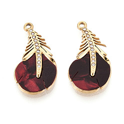 Темно-Красный 304 Подвески из нержавеющей стали, эмали и стразов, прелести из перьев, золотые, темно-красный, 24.5x13x2.5 мм, отверстие : 1.5 мм