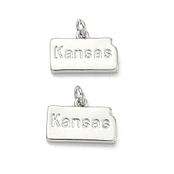 Platinum Brass Pendants, Nuggets with Word Kansas Charms, Long-Lasting Plated, Rack Plating, Lead Free & Cadmium Free, Platinum, 12x17x2.5mm, Jump Ring: 5x1mm, 3mm inner diameter
