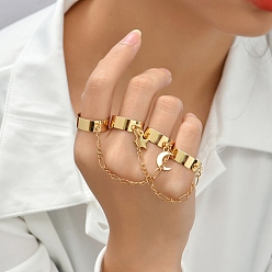 Golden Iron Double Plain Open Cuff Rings Linked with Chains, Punk Chain Rings with Moon & Star Charms, Golden, US Size 1/2(12mm)