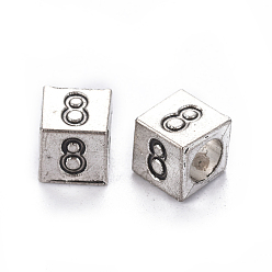 Number Сплавочные европейские бусины, бусины с большим отверстием, куб с номером, античное серебро, кол. 8, 7x7x7 мм, отверстие : 5 мм